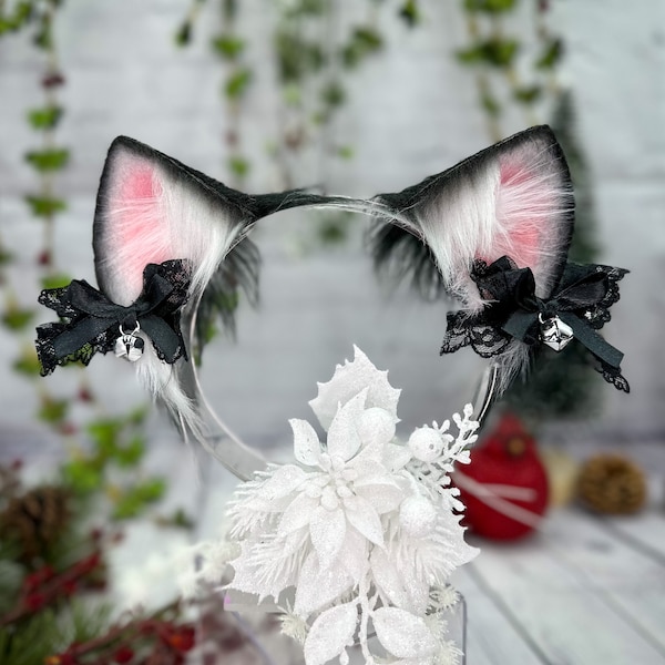 Realistic Black and white Cat Ears Tuxedo Neko Ears with Detachable bows! Cosplay faux fur ears and tail