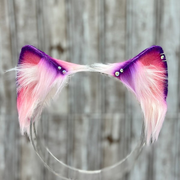 Purple and Pink Cat Ears Kawaii Realistic Cat Ears and Tail set Faux Fur Kitten Ears Neko Cosplay Ears Handmade Headband Kitty Pet Play Ears