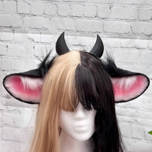 Black Cow Ears with Horns faux fur cow cosplay costume ears Halloween cow ears with resin horns black pink goat animal ears