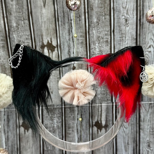 Red and Black Mix Match Goth Kitten Ears With piercings Headband Cosplay faux fur cat ears