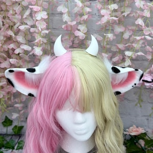 Realistic Cow Ear Headband and Tail With Bows kawaii cow ears with horns goat animal ears with horns faux fur animal ear Headband