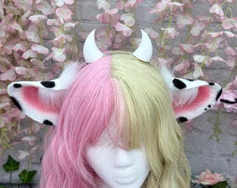 Faux Fur Cow Ear Headband: Horns and Bows, Kawaii Animal Ears