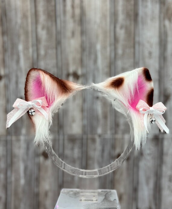 Brown and white calico cat ears headband cosplay faux fur pet play ears