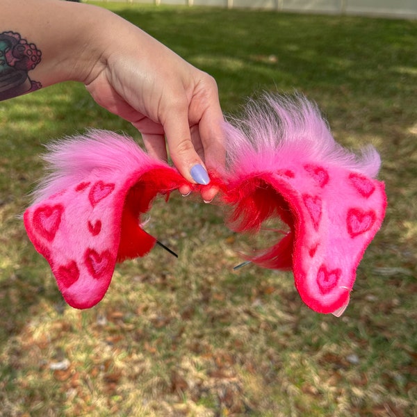 Valentine’s Day Puppy Ears and Tail set pink and red heart floppy puppy ears cute lovecore dog ears with tail cosplay set faux fur puppy ear