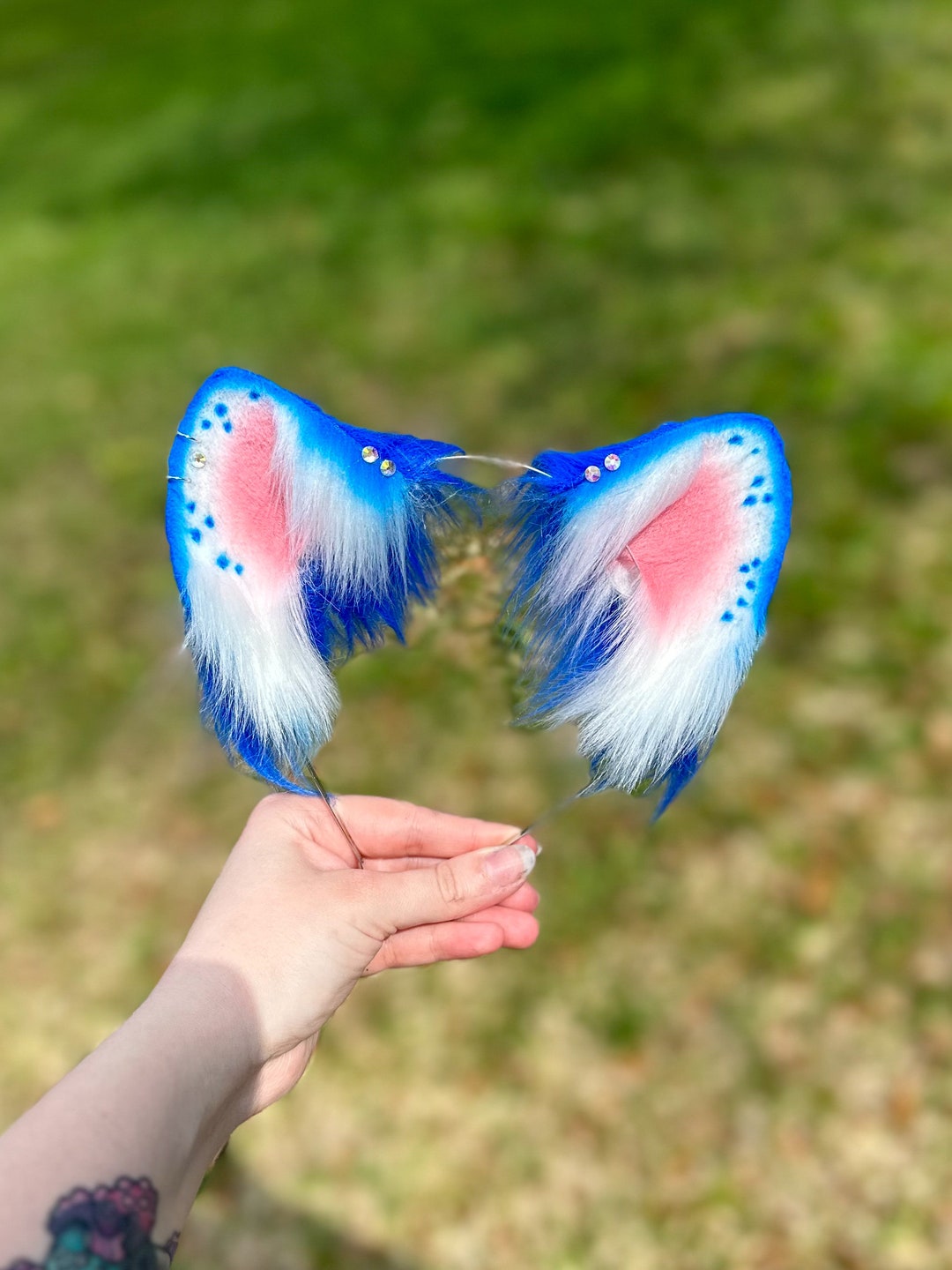 Dark Blue and White Cat Ear Headband Kawaii Ears and Tail Kitten Ears