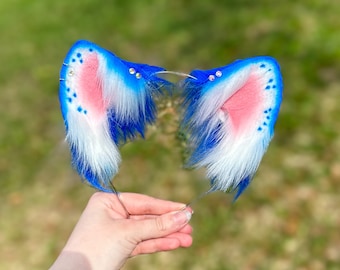 Blue & White Cat Ear Headband with Tail, Neko Cosplay