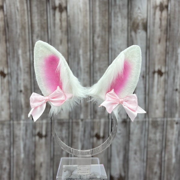 White and Pink Rabbit Ears with bows realistic faux fur cosplay headband