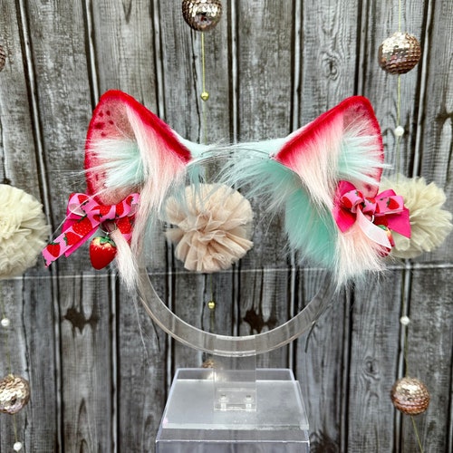 Strawberry Cat Ears and Tail Set Kawaii Kitty Pink and Red Etsy