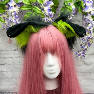 Neon Green Puppy Ears Headband: Black Goth Pet Play Cosplay