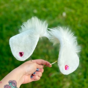 Premade White Floppy Puppy Ears and tail bendable realistic dog ears headband with heart gems puppy cosplay ears puppy play pet play ears