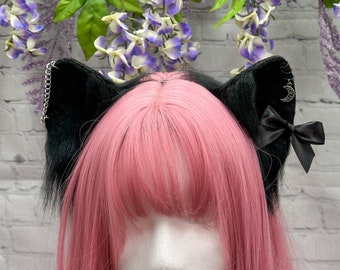 Goth Black Cat ear headband Cat Ears and Tail Cosplay Gothic Cat Headband Cosplay Faux Fur Ears