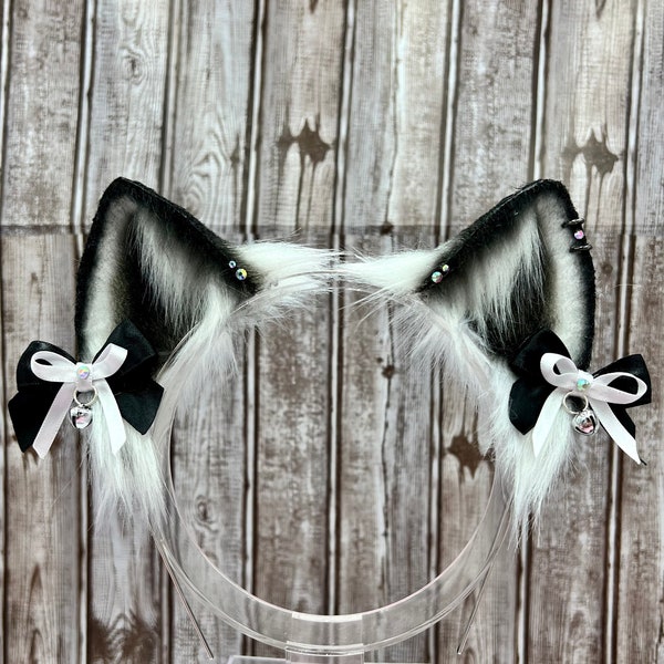 Black and white realistic cat ears with bows cosplay faux fur furry neko ear headband