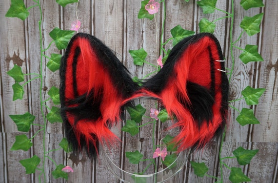 Red and Black Goth Puppy Ears with piercings poseable cosplay ears faux fur Halloween costume ears