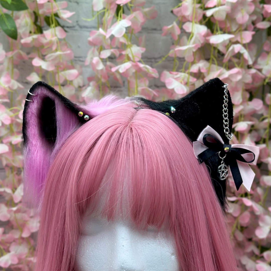 Split Dye Cat Ear Headband: Kawaii Goth Pink & Black  display picture 1