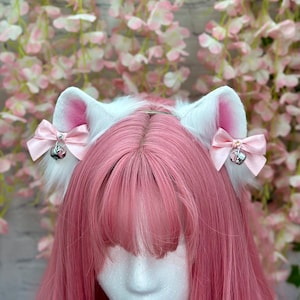 Cute White Cat Ears with bows Neko Ears Headband Realistic Faux Fur Cat Ears and Tail