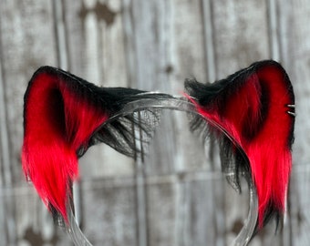 Rotes und schwarzes Katzenohren-Stirnband mit Katzenschwanz, Kunstfell-Kostüm, pelzige Ohren, Kätzchenohren-Stirnband mit Schwanz, Gothic-Katzenmädchen-Cosplay-Ohren und Mädchen