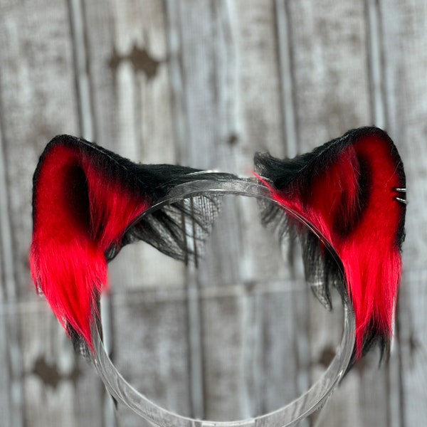 Red and Black Cat Ears Headband with Cat Tail faux fur costume furry ears kitten ear headband with tail gothic cat girl cosplay ears e girl