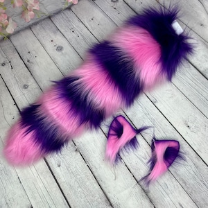 Pink and purple cat ears with striped cat tail Cheshire cosplay ears and tail Halloween costume ears
