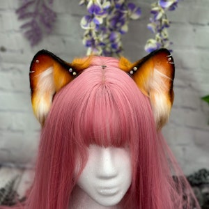 Realistic Ginger Cat ear headband with jewelry Cute Fox Halloween costume Classic Cat Ears Headband Cosplay Faux Fur Cat Ears Furry Cat Ears