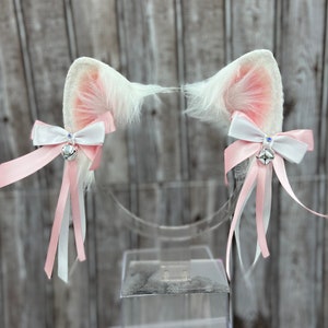 Angelic Pretty Kawaii White Cat Ears with bows Neko Ears Headband Realistic Faux Fur Cat Ears and Tail
