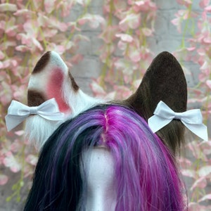 Spotted Puppy Ears Headband: White & Brown Dog Cosplay with Bows