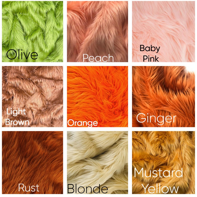 May include: Nine swatches of faux fur in various colours, including olive, peach, baby pink, light brown, orange, ginger, rust, blonde, and mustard yellow.