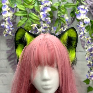 Neon Green and Black Cat Ears Realistic furry ears Halloween Cosplay Headband