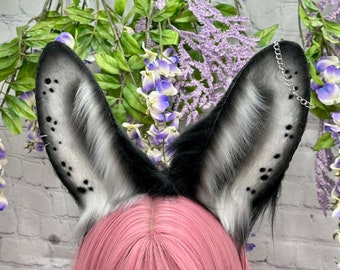 Black & White Faux Fur Bunny Ears Headband: Cosplay Rabbit Tail Set