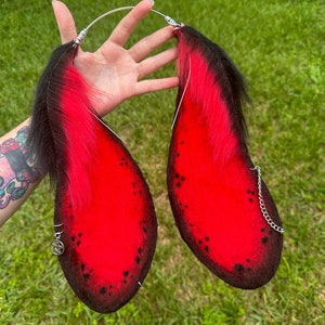 Gothic Red and Black Lop Bunny Ears and tail Rabbit ears with piercings cosplay faux fur rabbit cosplay ears headband