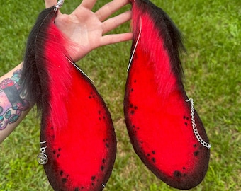 Gothic Red & Black Lop Bunny Ears and Tail Set, Pierced Faux Fur Cosplay
