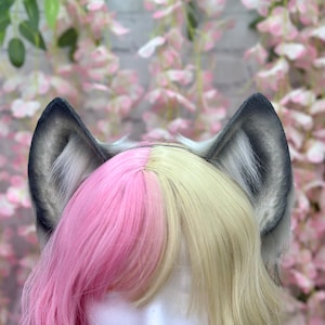 Gray and White Fox Ears Faux fur cosplay faux fur animal ears wolf husky cat pet play ears headband