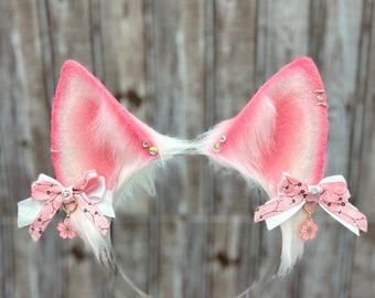 Cherry Blossom Puppy Dog Ears and husky tail pink and white flower costume ears headband