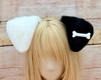 Premade White and Black Puppy Ears Headband: Black White Goth Pet Play Cosplay