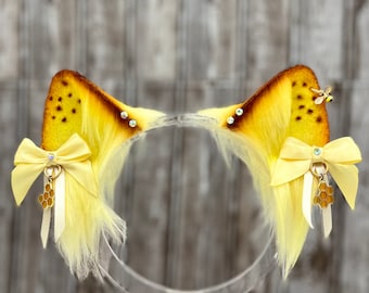 Bee Cat Ears Headband: Yellow Honeycomb Neko Ears with Bows Kemonomimi Tails