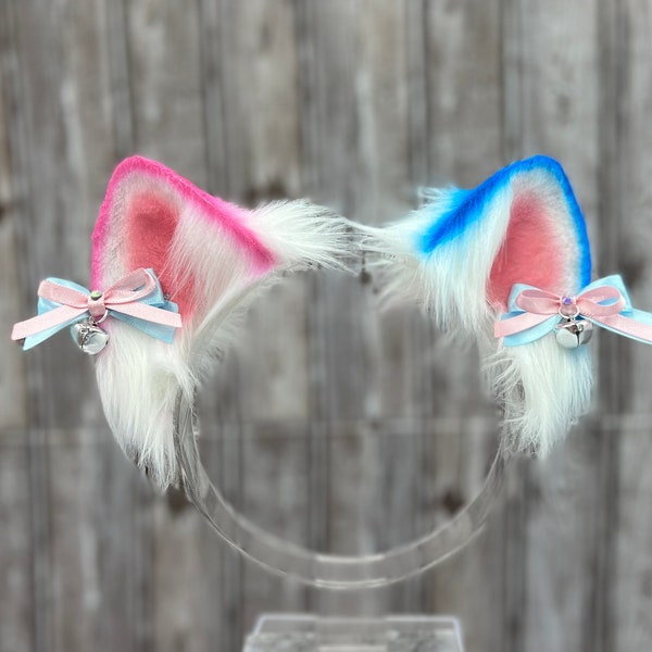 Split dye Pink and Blue Cat Ears cosplay faux fur kitten ears pink blue detachable bows