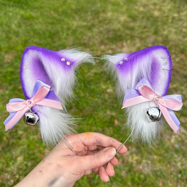 Realistic Purple and White Cat Ear Headband Neko Cat Ears with bows cosplay faux fur pet play ears