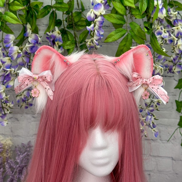 Sakura Cat Ears Cherry blossom cat ear headband with bows pink and white flower neko ears cosplay