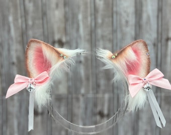 Light Brown White Cat Ears with Bows beige brown realistic cat ears headband Cosplay Faux Fur Cat Ears Furry Cat Ears Cat Cosplay Anime Ears