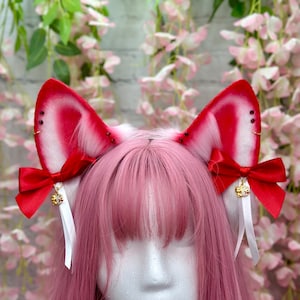 Realistic Kitsune Fox Ears Red and White Faux fur Fox ears with jewelry red kitsune ears with bows Kitsune costume cosplay