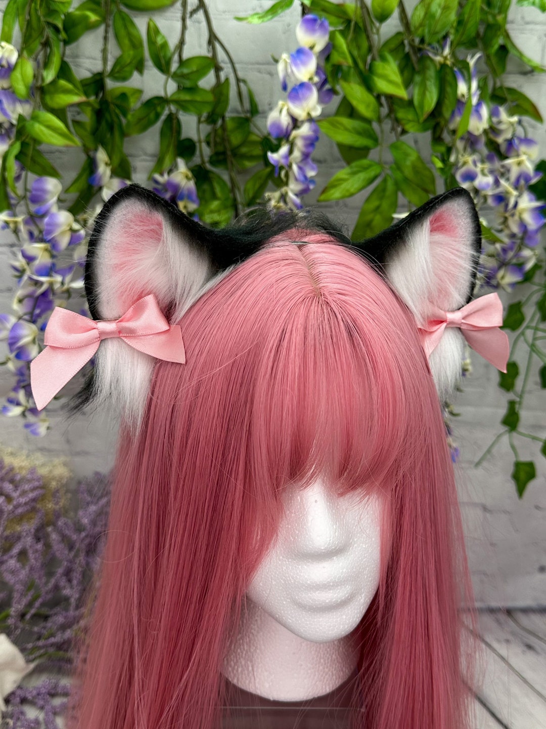 Black and White Cat Ear Headband With Bows Cosplay Faux Fur Neko Ears