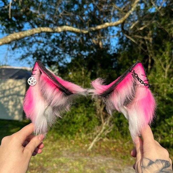 Hot Pink and Black Wolf Ears Dog Ear Headband with jewelry neon furry Faux Fur Ears e girl Wolf Ears puppy pet play Cosplay Accessories