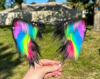 Rainbow Pride Themed Cat Ear Headband Rainbow and Black pride cat ears with gems