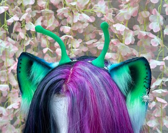 Alien Cat Ears Headband Space themed Cat ears Alien antenna headband Green Black and Blue Cat Ear Headband Realistic Fantasy Cat Ears