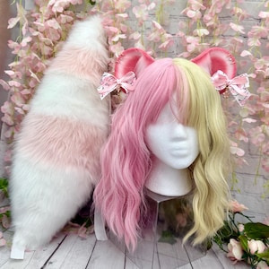 Pink Raccoon Ears Headband with Tail Raccoon Tail Sakura Cosplay ears Cherry Blossom themed Mouse Ears Headband cute pink costume ears