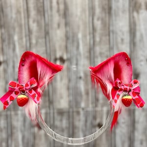 Strawberry Cat Ears Hoofdband met staart Nekomimi-oren en -staartset met aardbeienthema kawaii-cosplay oren van imitatiebont