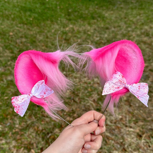 Bubblegum Pink Teddy Bear Ear Headband with bows cosplay faux fur round ears