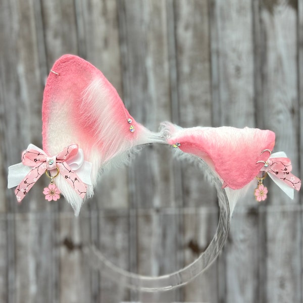 Sakura Themed Puppy Dog Ears and husky tail pink and white flower Cherry Blossom puppy ears headband