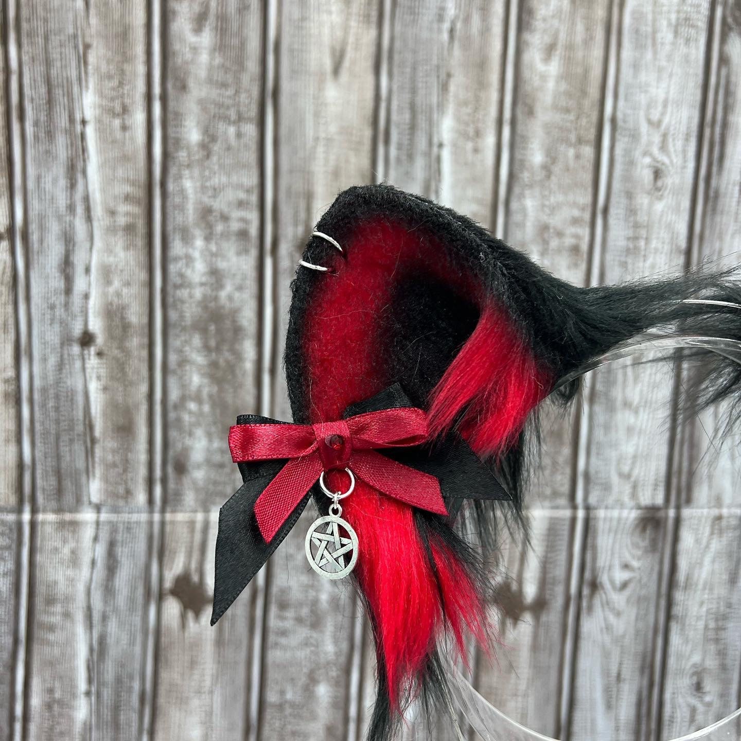 Red and Black goth cat ears with detachable bows faux fur realistic cat