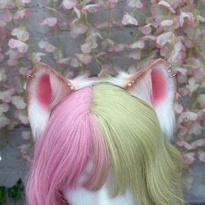 Light Brown White Cat Ears with Bows beige brown realistic cat ears headband Cosplay Faux Fur Cat Ears Furry Cat Ears Cat Cosplay Anime Ears