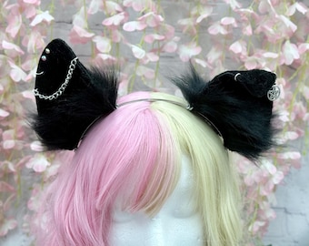 Goth Puppy Ears Headband: Bendable Black Faux Fur, Cosplay Pet Play